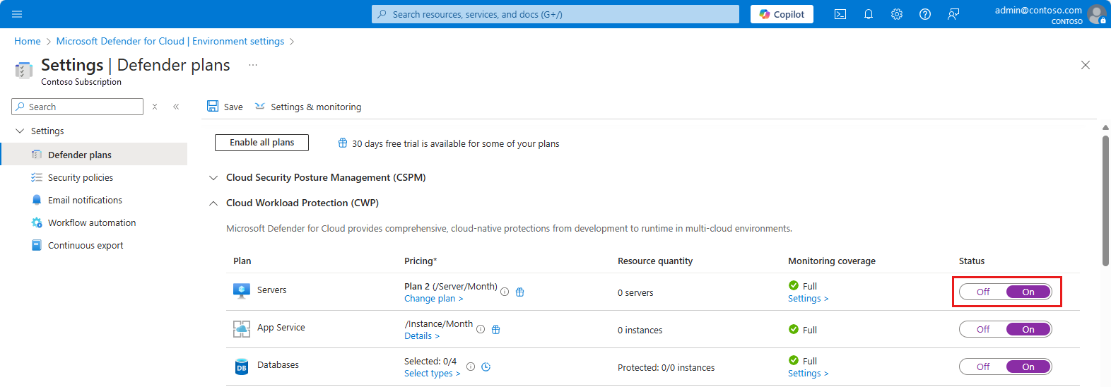Capture d’écran indiquant comment basculer le plan Defender pour serveurs pour l’activer.