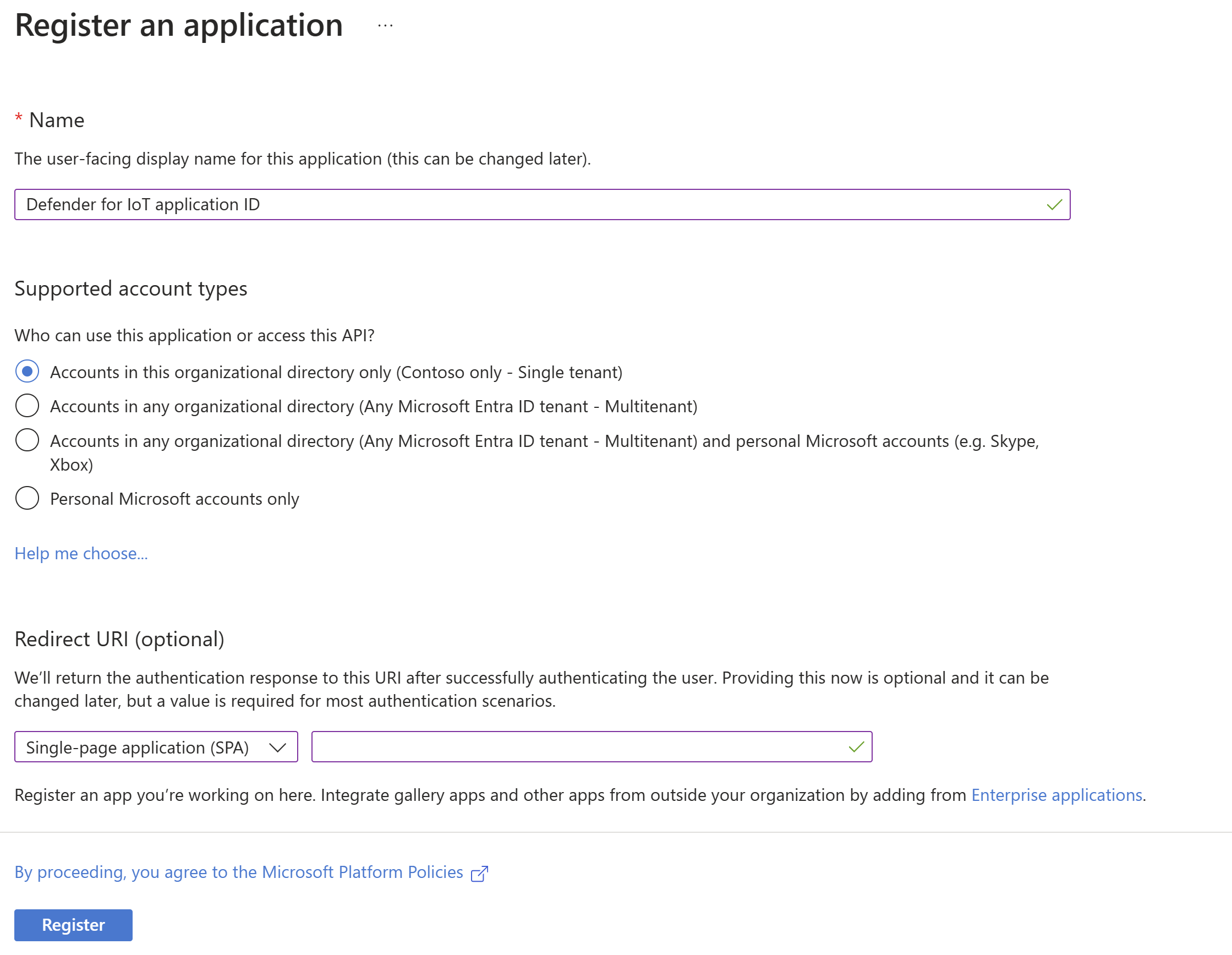 Capture d’écran de l’enregistrement d’une application sur Microsoft Entra ID.