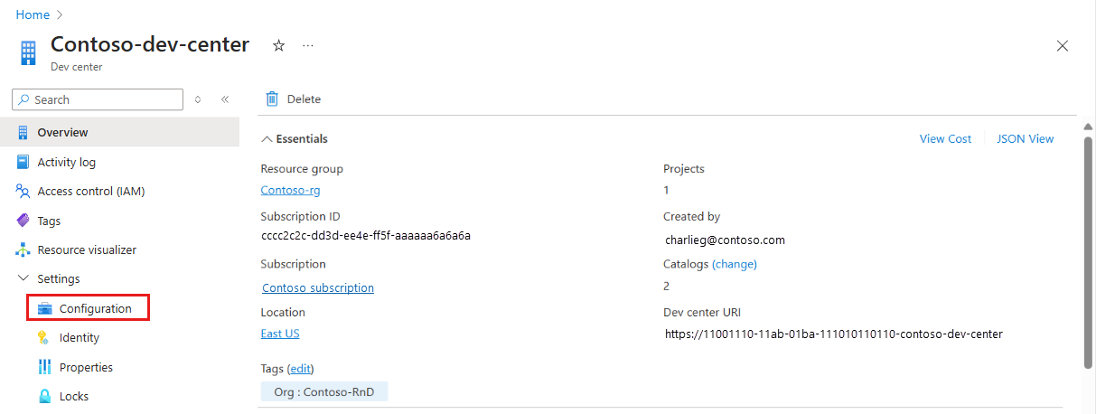 Capture d’écran montrant la page Vue d’ensemble d’un centre de développement avec mise en évidence de Configuration.