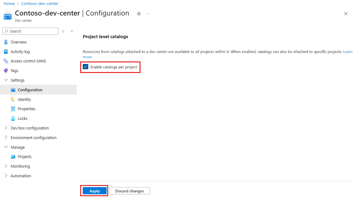 Capture d’écran montrant le volet Catalogues de niveau projet avec Activer les catalogues par projet mis en évidence.