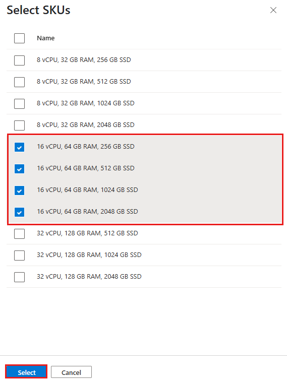 Capture d’écran montrant le volet Sélectionner des références SKU dans le portail Azure, avec plusieurs références SKU sélectionnées.