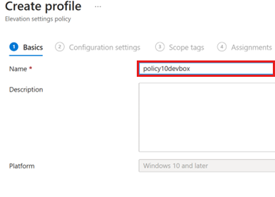 Capture d’écran montrant l’onglet Informations de base sous Créer un profil, avec le nom de la stratégie mis en évidence.