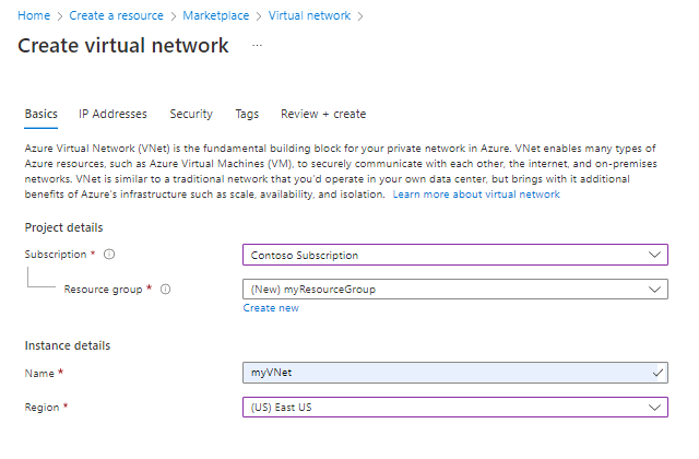 Capture d’écran de la création d’un réseau virtuel dans le portail Azure.