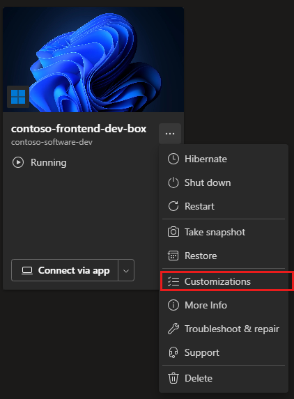 Capture d’écran de la vignette de la dev box montrant le menu Actions avec la commande Personnalisations mise en surbrillance.