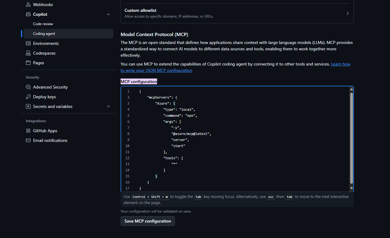 Capture d’écran montrant comment configurer azure MCP Server pour l’agent de codage Copilot.