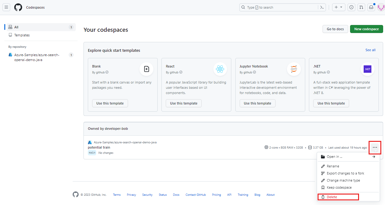 Capture d’écran du menu contextuel pour un codespace unique avec l’option supprimer mis en surbrillance.