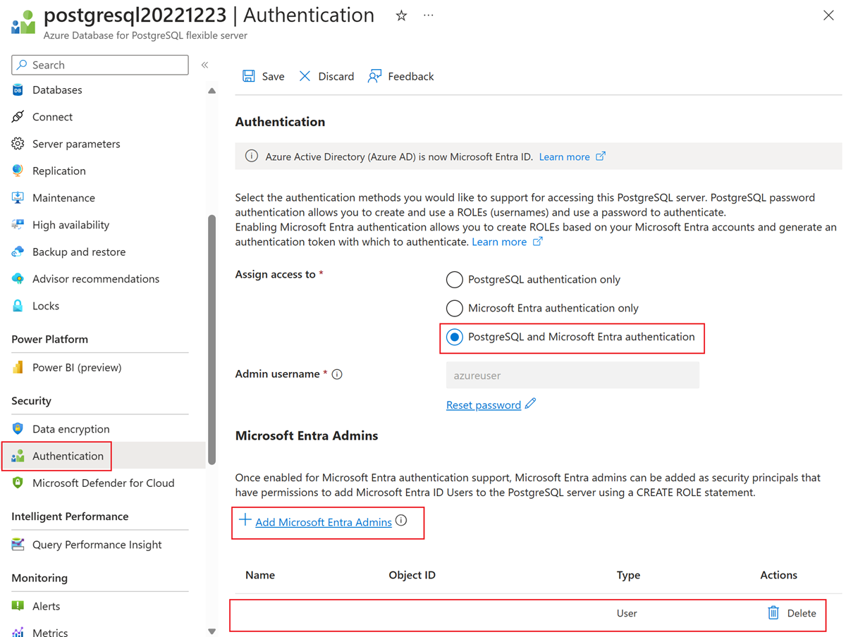 Capture d’écran du Portail Azure montrant la page Configurer l’authentification sur le serveur flexible PostgreSQL.