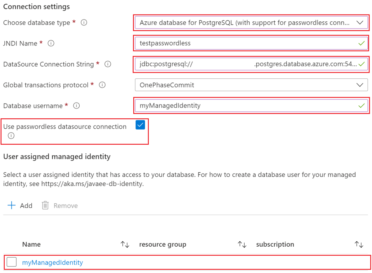Capture d’écran du Portail Azure montrant la page Configurer la base de données PostgreSQL.