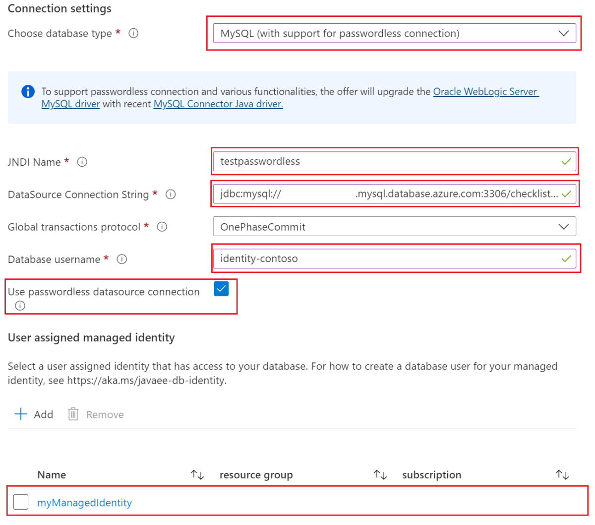 Capture d’écran du Portail Azure montrant le volet Configurer la base de données de la page Créer Oracle WebLogic Server sur les machines virtuelles.