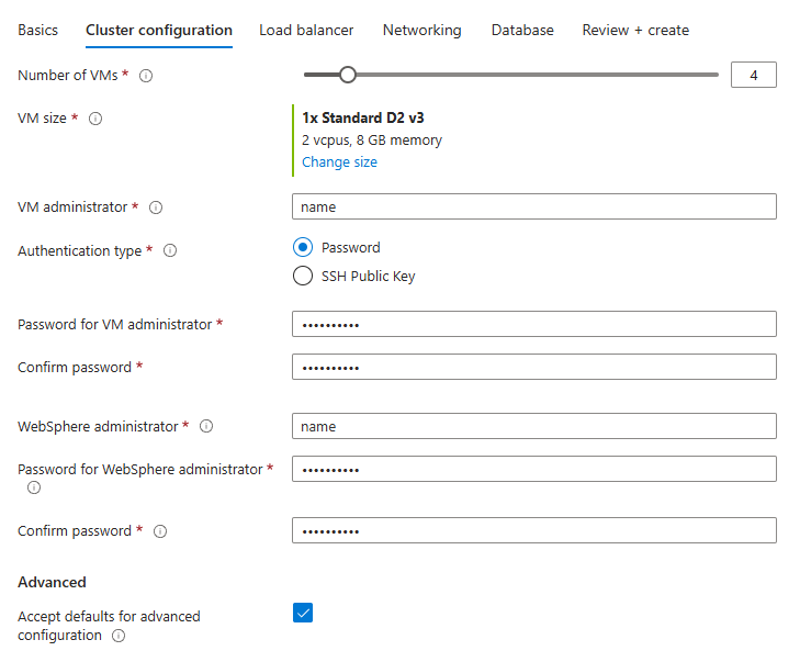 Capture d’écran du portail Azure montrant le volet de configuration du cluster du cluster IBM WAS ND sur des VMs Azure.