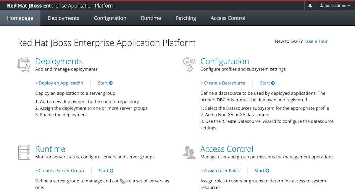 Capture d'écran de la console de gestion du contrôleur de domaine de Red Hat JBoss Enterprise Application Platform.