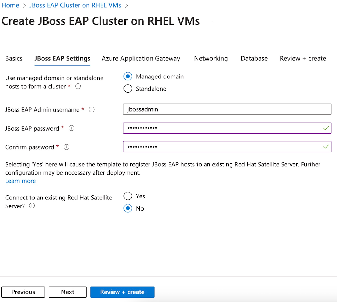 Capture d'écran du portail Azure affichant le volet de configuration JBoss EAP Application Settings (Paramètres de l'application JBoss EAP).