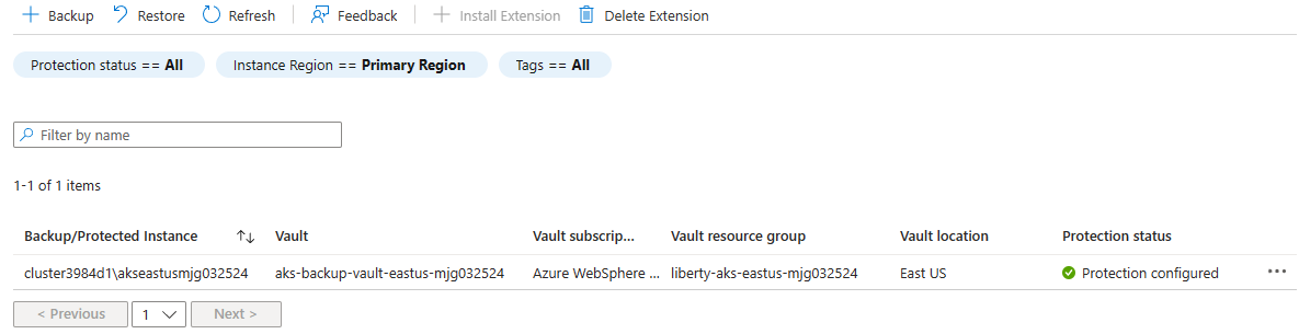 Capture d’écran du portail Azure montrant l’instance de sauvegarde AKS avec la protection configurée.