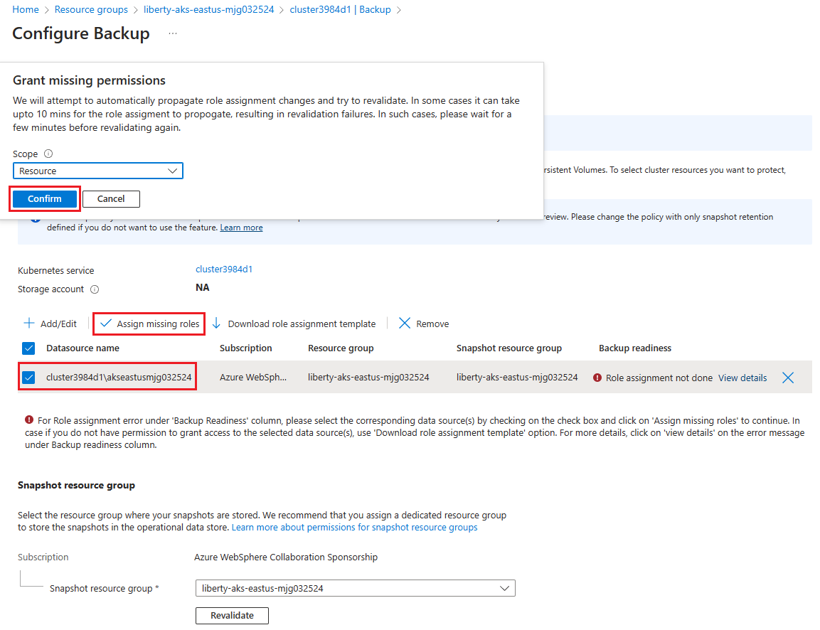 Capture d’écran du portail Azure montrant le volet Configurer les sauvegardes avec la boîte de dialogue Accorder les permissions manquantes ouverte.