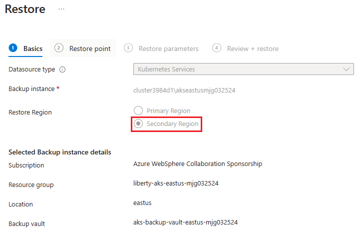Capture d’écran du portail Azure montrant le volet Restauration des paramètres de base.