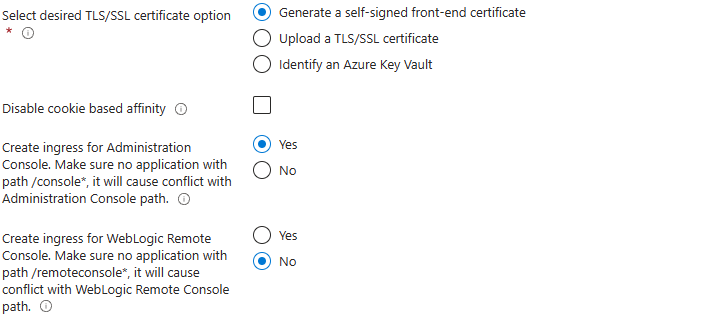 Capture d’écran du portail Azure montrant le volet Load Balancing du cluster Oracle WebLogic Server sur AKS.