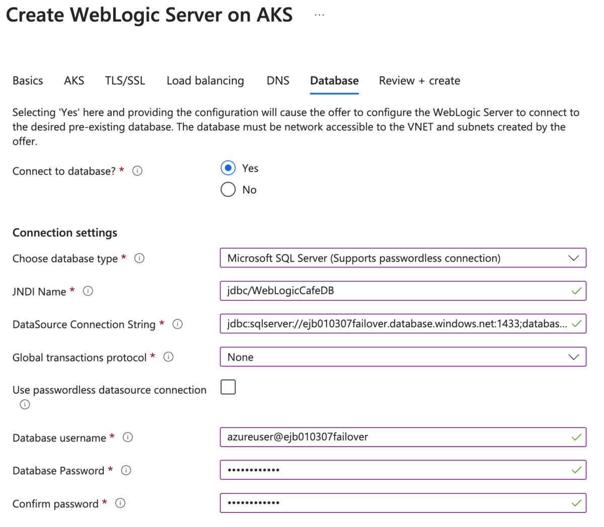 Capture d’écran du portail Azure montrant le volet Database du cluster Oracle WebLogic Server sur AKS.