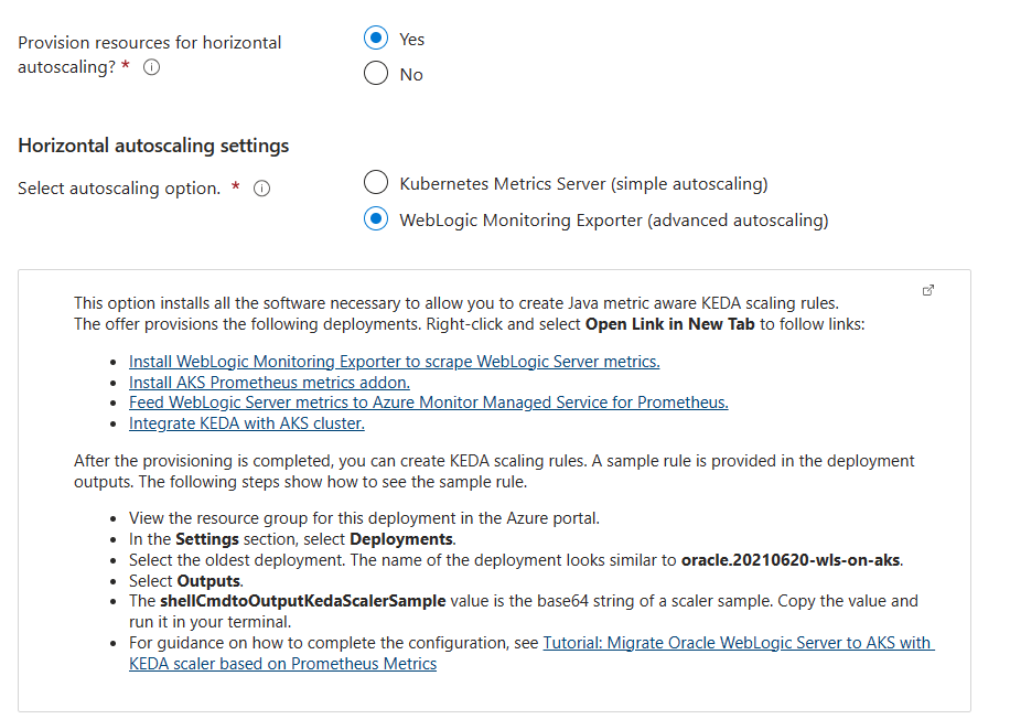 Capture d’écran du portail Azure montrant le volet Autoscaling horizontal du cluster Oracle WebLogic Server sur AKS.
