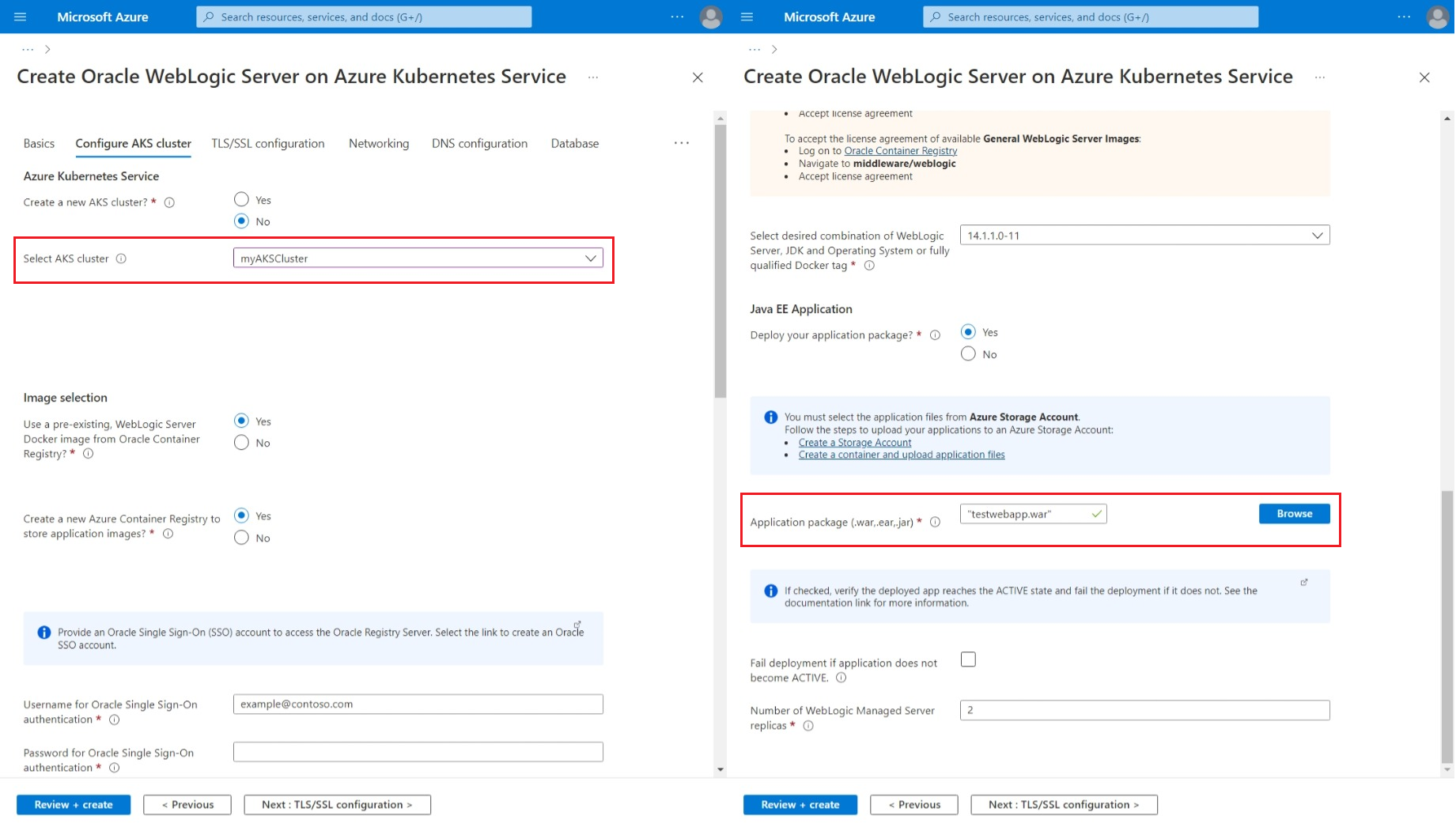 Screenshot of Azure portal showing the Configure AKS cluster pane of the Create Oracle WebLogic Server on Azure Kubernetes Service page.