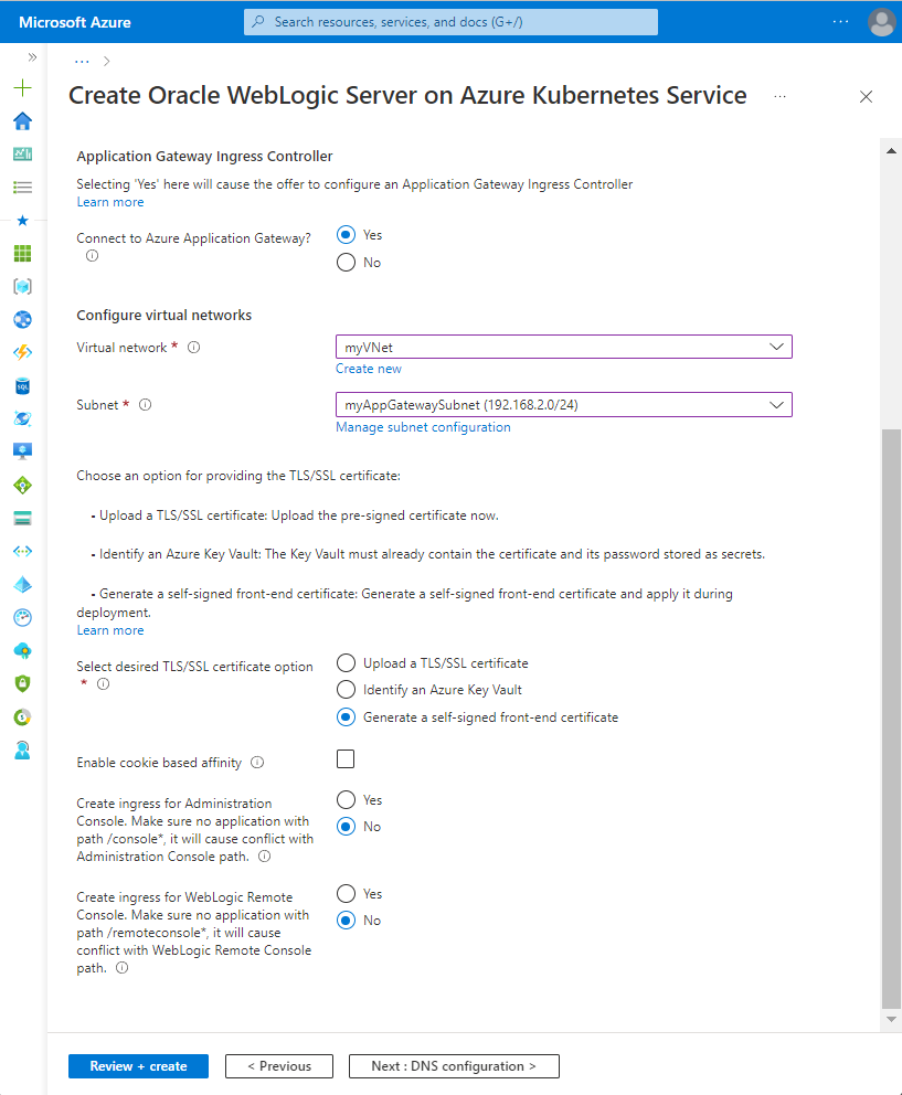Screenshot of Azure portal showing the Networking pane of the Create Oracle WebLogic Server on Azure Kubernetes Service page.