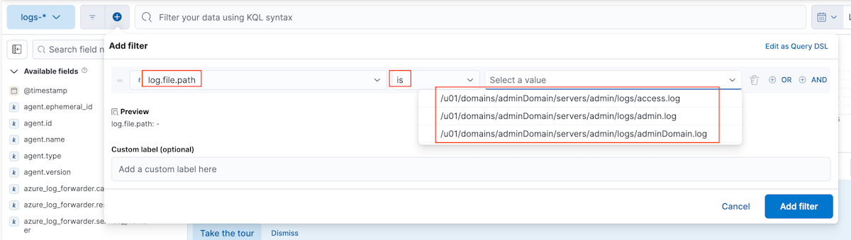 Capture d’écran de la boîte de dialogue Ajouter un filtre dans Kibana.