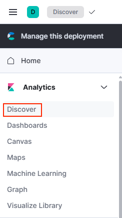 Capture d’écran du menu Kibana Analytics avec l’option Découvrir mise en surbrillance.