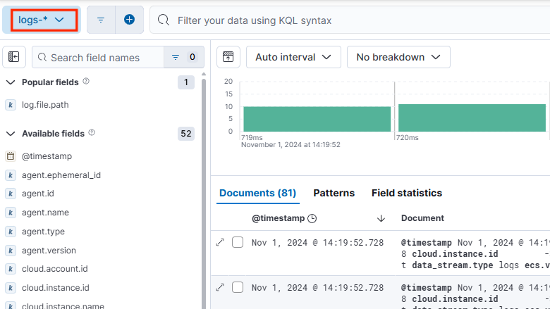 Capture d'écran des journaux Kibana WebLogic avec l'index mis en évidence.