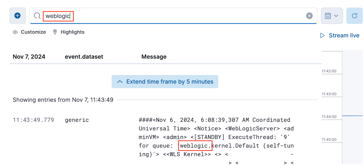 Capture d’écran du volet de recherche des messages de journal avec le terme de recherche « weblogic » mis en surbrillance.