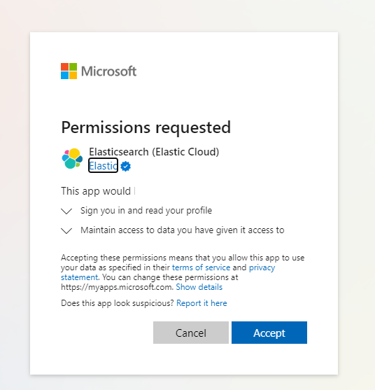 Capture d’écran de la boîte de dialogue Autorisations demandées pour les autorisations Elasticsearch.