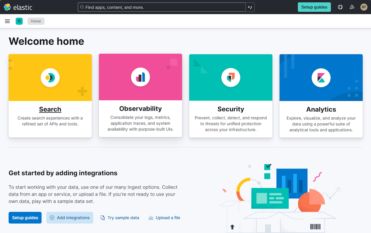 Capture d’écran de la page d’accueil Elasticsearch.