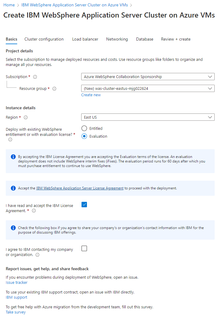 Capture d’écran du portail Azure montrant le volet Informations de base sur le cluster IBM WebSphere Application Server sur les machines virtuelles Azure.