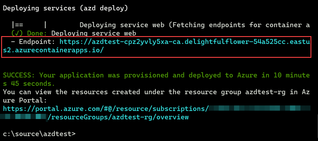 Screenshot of successful output from the azd command line interface with a callout around the endpoint URL to view the working Relecloud application deployed in Azure.