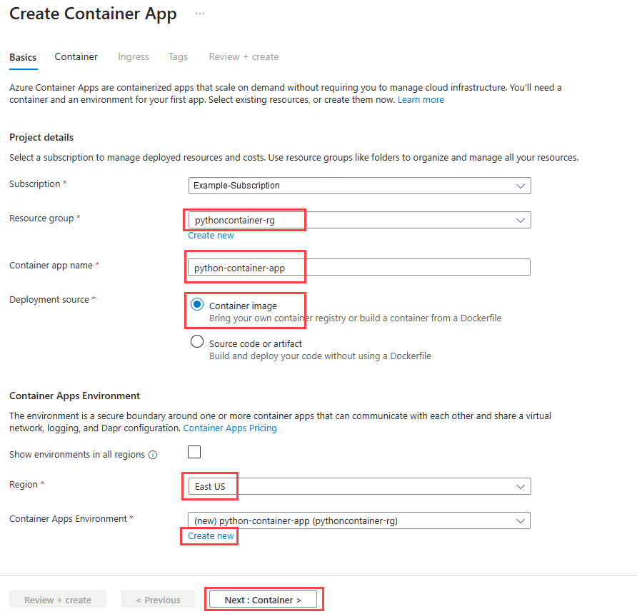 Capture d’écran montrant les paramètres de base d’un service Azure Container Apps dans le portail Azure.