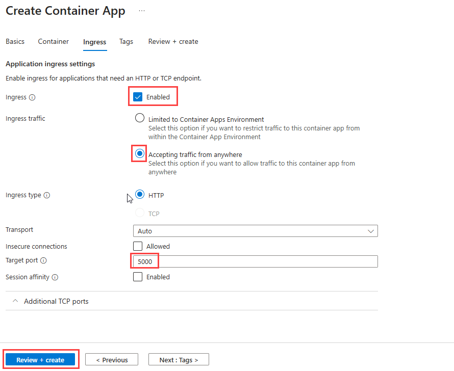 Capture d’écran montrant les paramètres d’entrée d’un service Azure Container Apps dans le portail Azure.