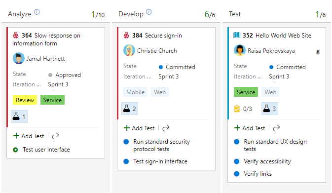 Capture d’écran du tableau Kanban, 3 colonnes montrant les tests inline ajoutés et liés aux bogues.