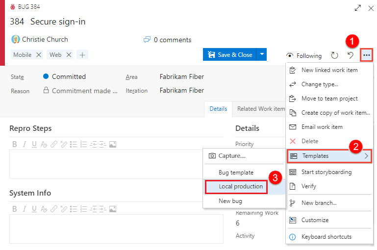 Capture d’écran montrant comment appliquer un modèle à un élément de travail existant dans le formulaire.