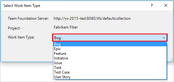 Screenshot qui montre comment sélectionner le type d’élément de travail dans la boîte de dialogue Sélectionner le type d’élément de travail dans Visual Studio.