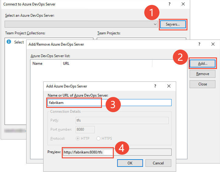 Capture d’écran des boîtes de dialogue secondaires de Se connecter à Azure DevOps Server, versions locales.