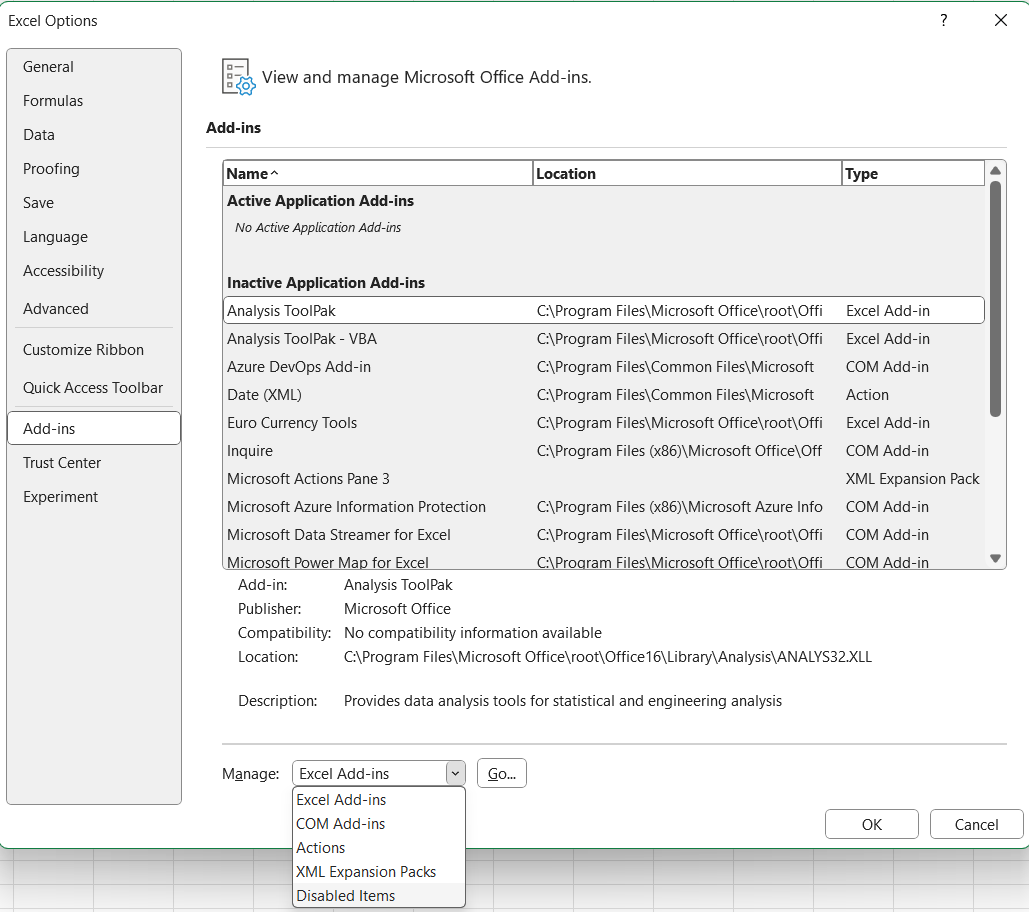 Capture d’écran des options Excel, compléments, choisir des éléments désactivés.