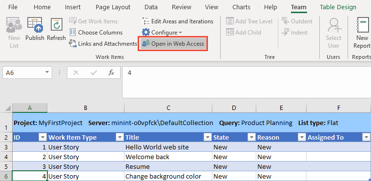 Capture d’écran illustrant l’ouverture d’une élément de travail dans le portail web à partir d’Excel.