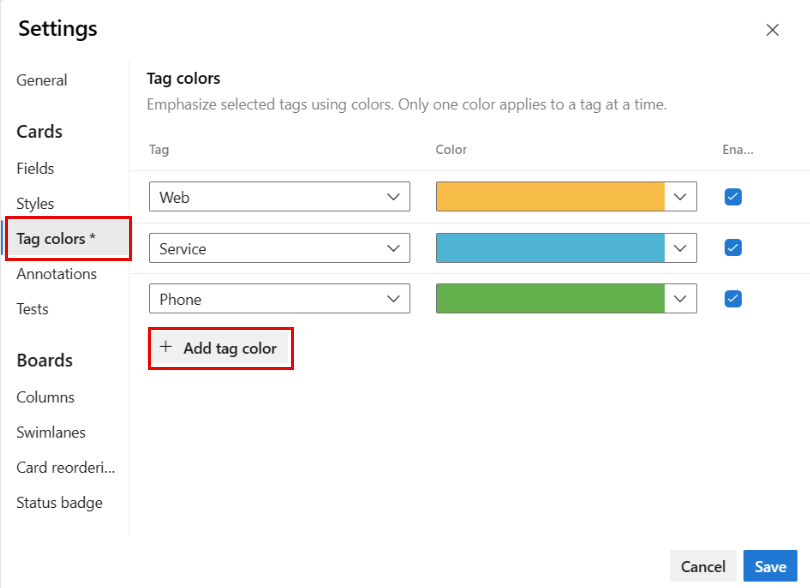 Capture d’écran de la configuration de couleur de balise.