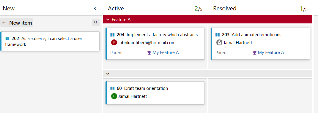 Capture d’écran montrant les couloirs d’élément de travail parents sur le tableau Kanban.