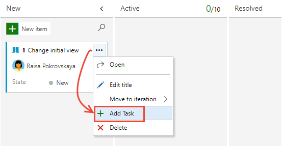 Choisissez Ajouter une tâche dans le menu de carte du récit utilisateur, processus Agile.