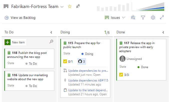 Capture d’écran du tableau qui montre les liens GitHub sur les cartes d’éléments de travail.