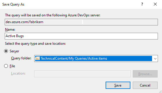 Capture d’écran de Visual Studio, boîte de dialogue Enregistrer la requête sous.