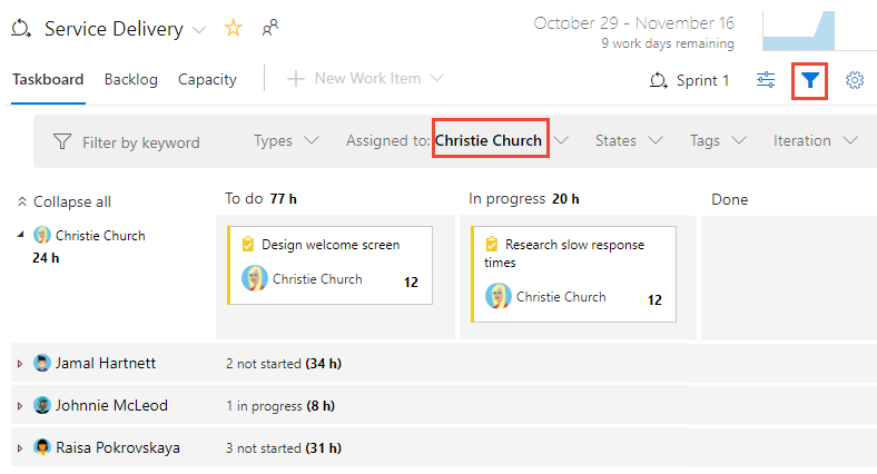 Capture d’écran du tableau des tâches, filtrez sur une personne.