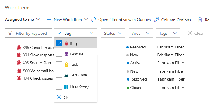Screenshot of web portal, Work Items page, Filter options, choose to show Bugs.