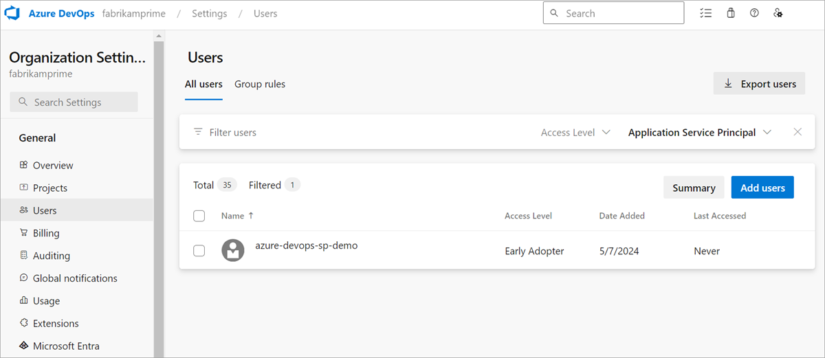 Capture d’écran des principaux de service et des identités managées dans le hub utilisateurs.
