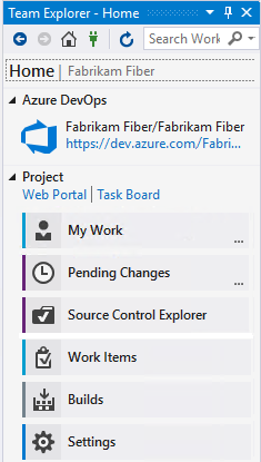 Capture d’écran de la page d’accueil Team Explorer w/ TFVC en tant que contrôle de code source.