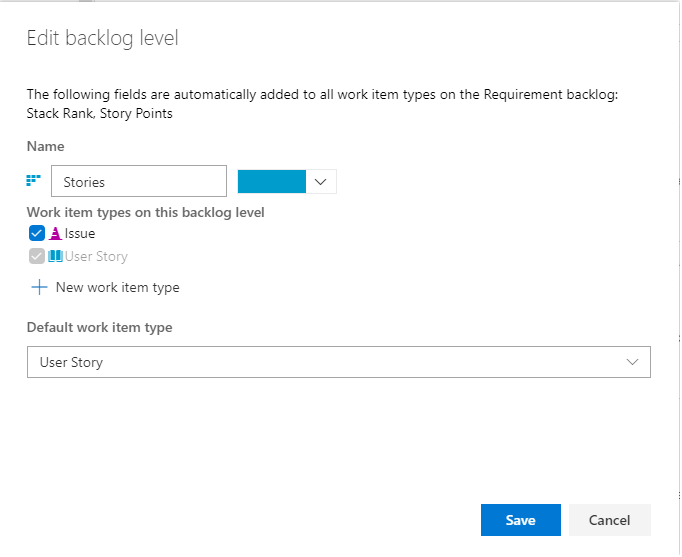 Portail web, Processus, Niveaux du backlog, Boîte de dialogue Modifier le niveau du backlog